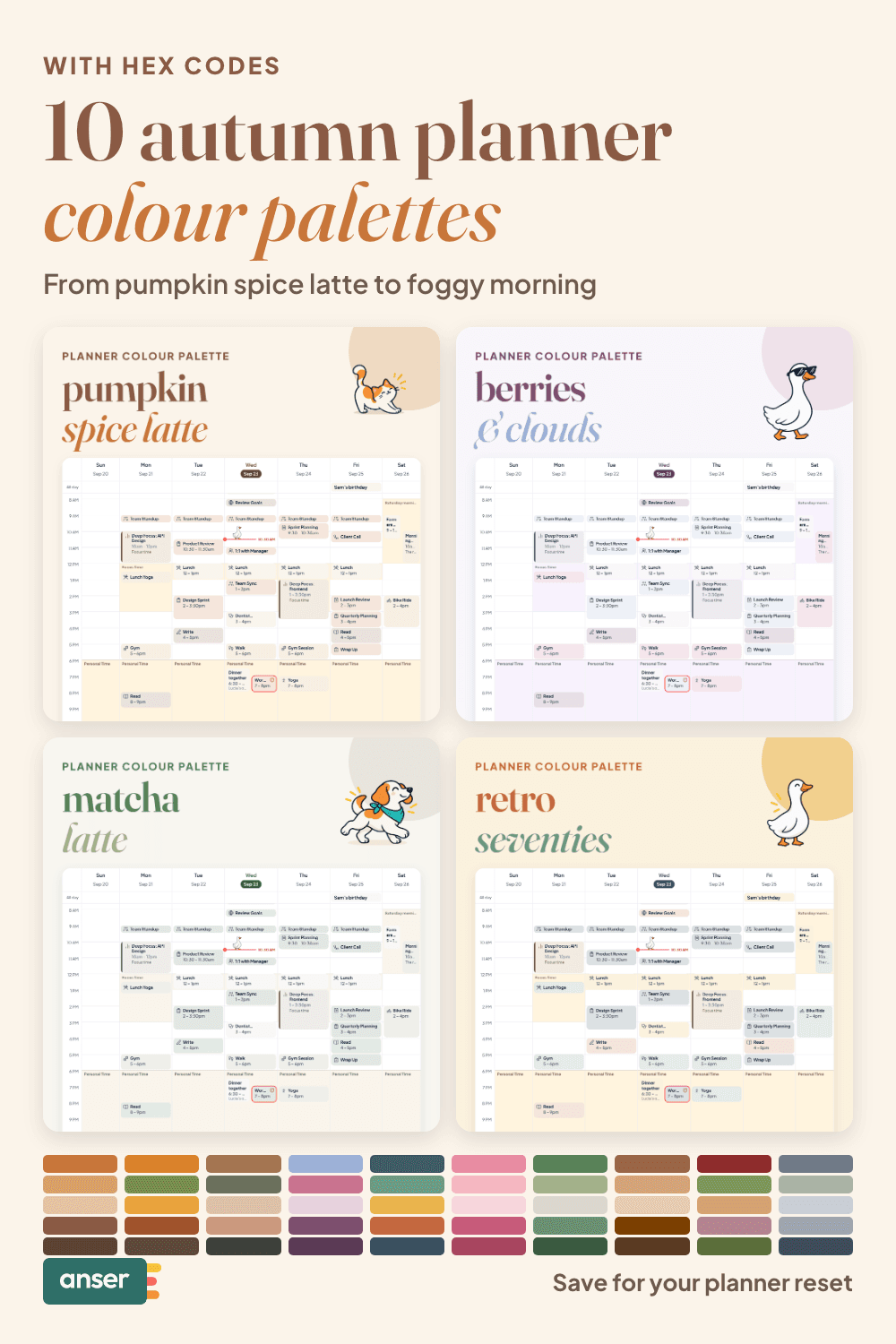 A pin titled 10 autumn planner colour palettes, showing four palette pins (pumpkin spice latte, berries & clouds, matcha latte, retro seventies) and colour strips for all ten.