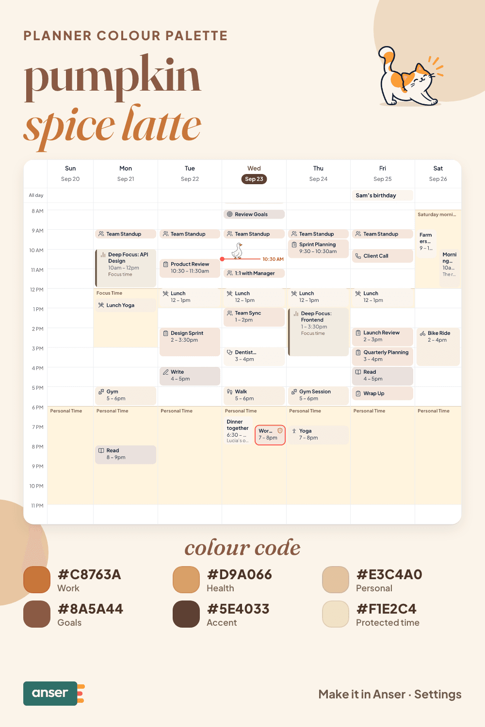 A week in Anser in the pumpkin spice latte palette, with its six hex codes