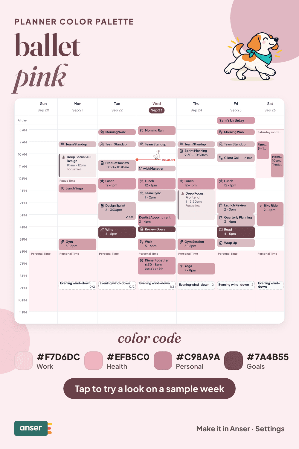 A week in Anser in the ballet pink palette, with its hex codes