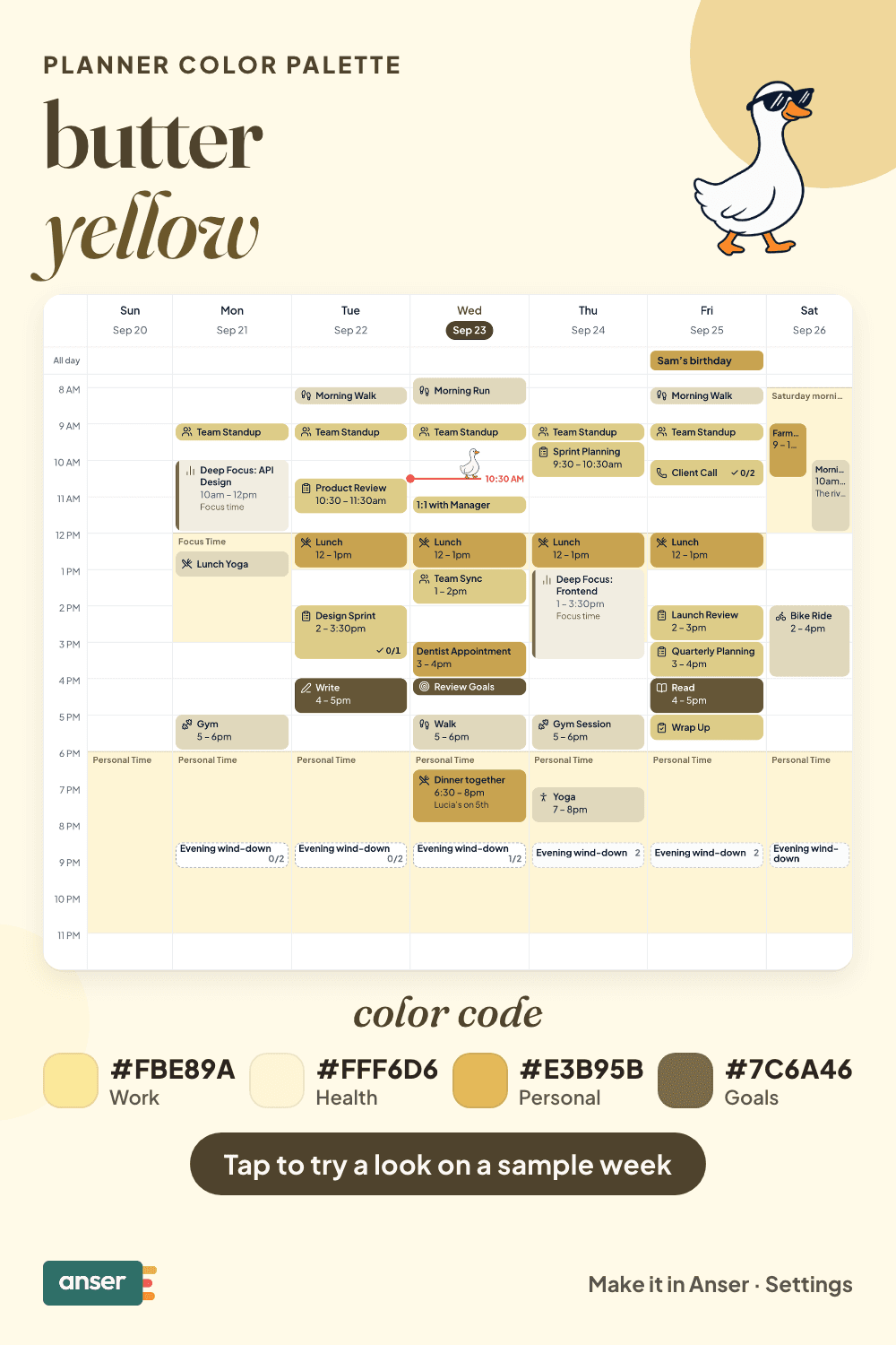 A week in Anser in the butter yellow palette, with its hex codes