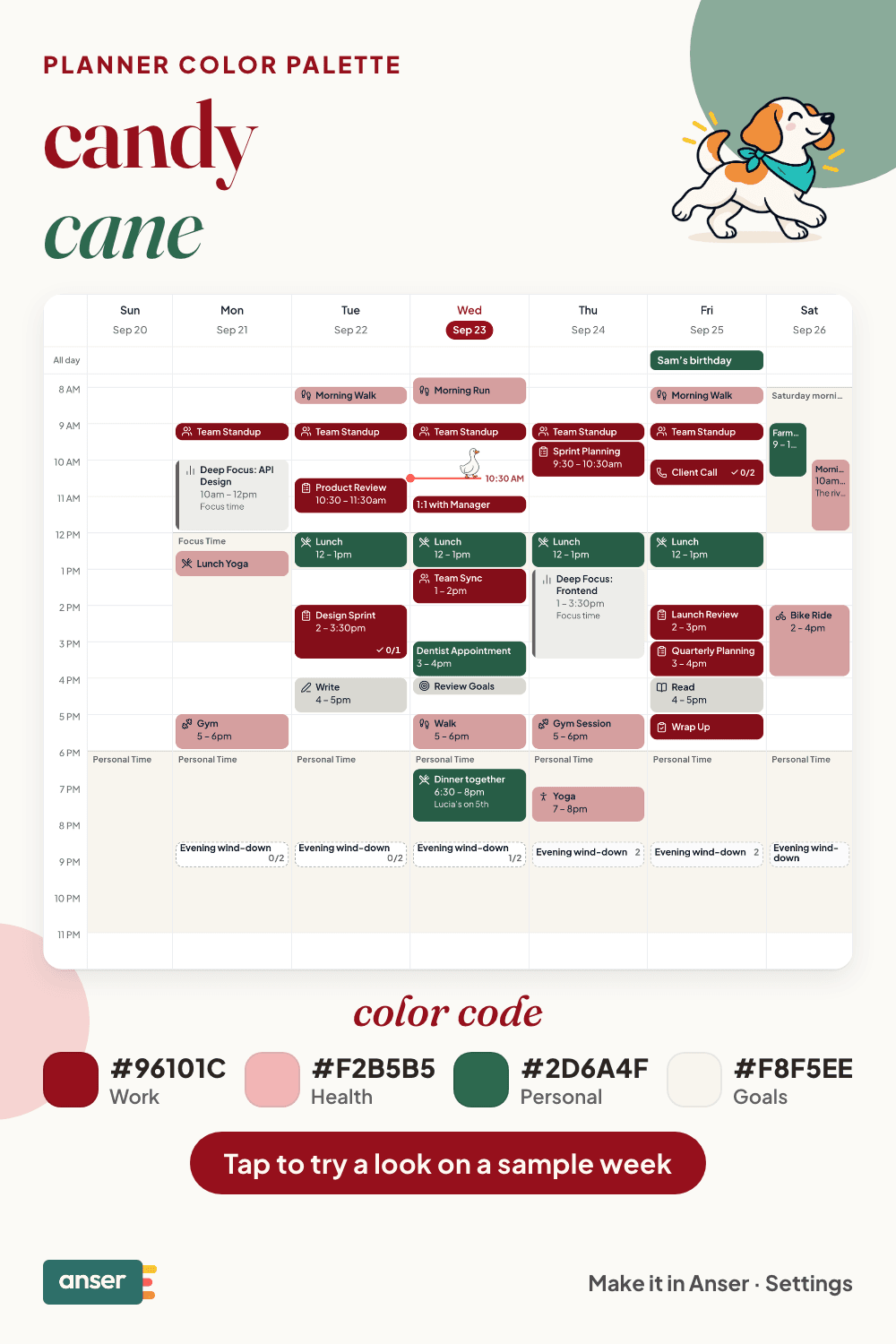 A week in Anser in the candy cane palette, with its hex codes