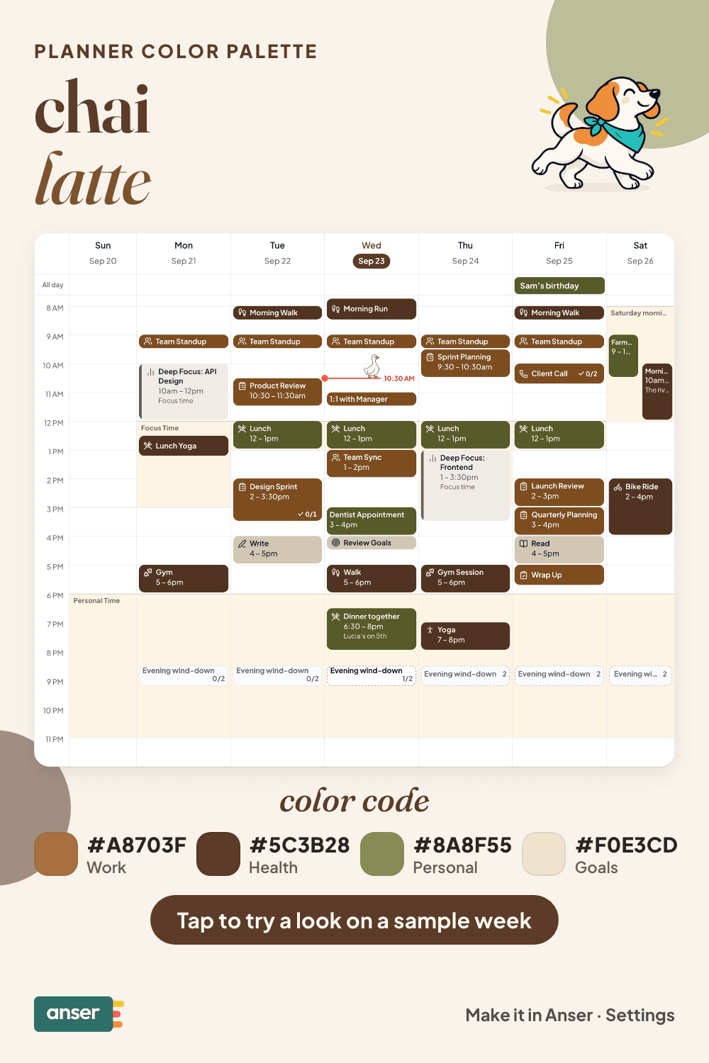 A week in Anser in the chai latte palette, with its hex codes