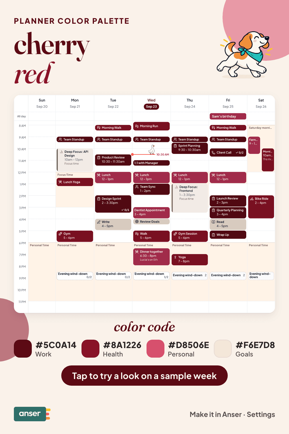 A week in Anser in the cherry red palette, with its hex codes