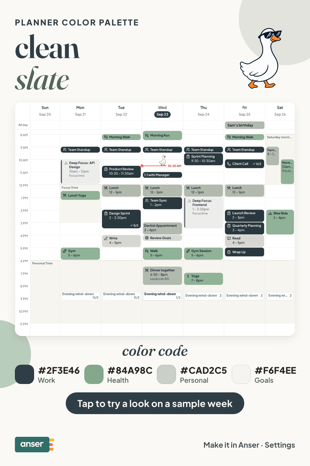 A week in Anser in the clean slate palette, with its hex codes
