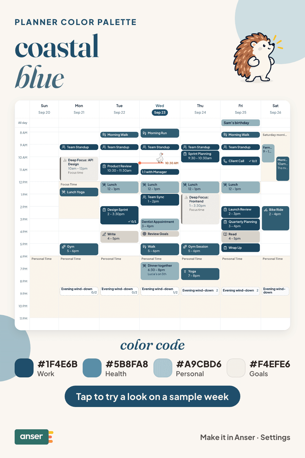 A week in Anser in the coastal blue palette, with its hex codes