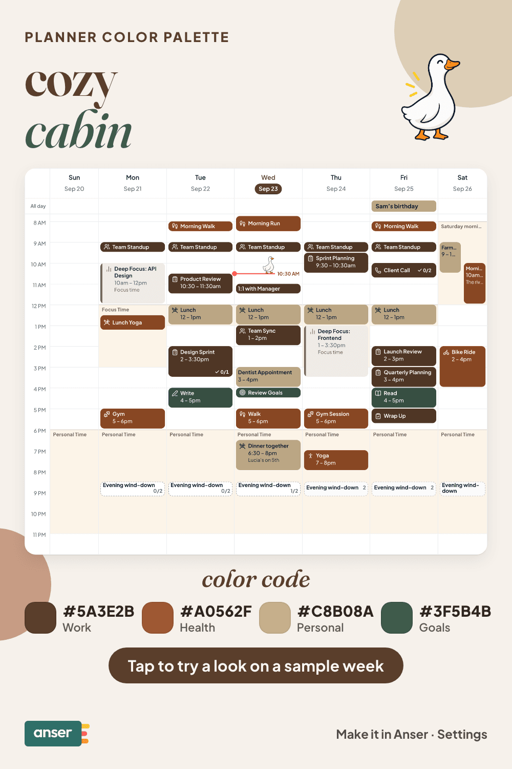 A week in Anser in the cozy cabin palette, with its hex codes