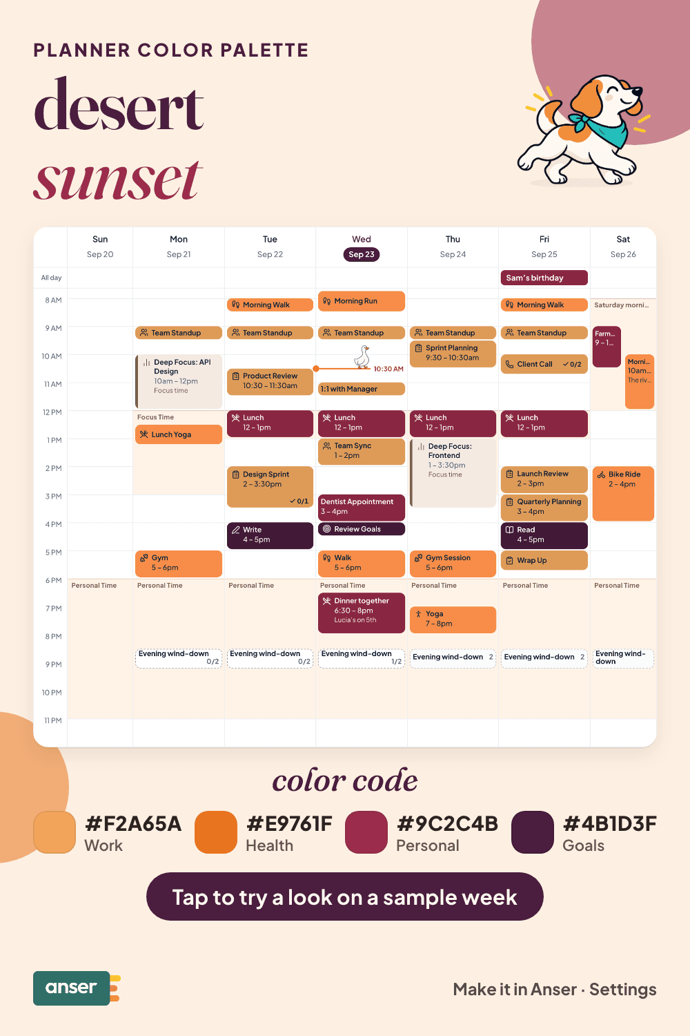 A week in Anser in the desert sunset palette, with its hex codes
