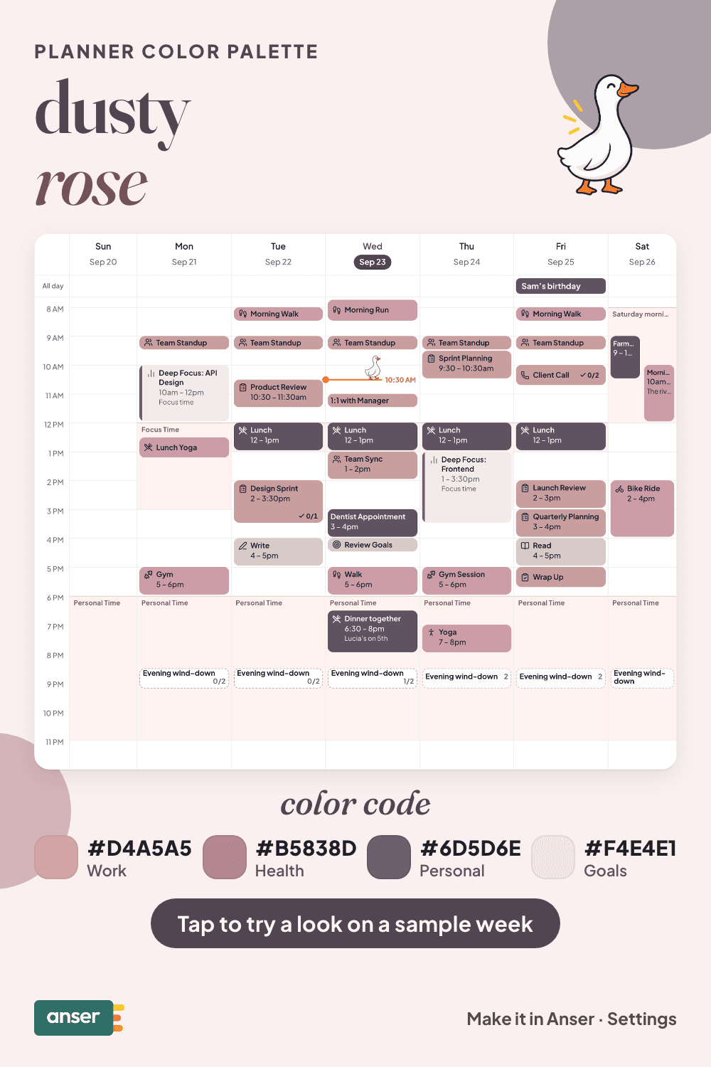 A week in Anser in the dusty rose palette, with its hex codes