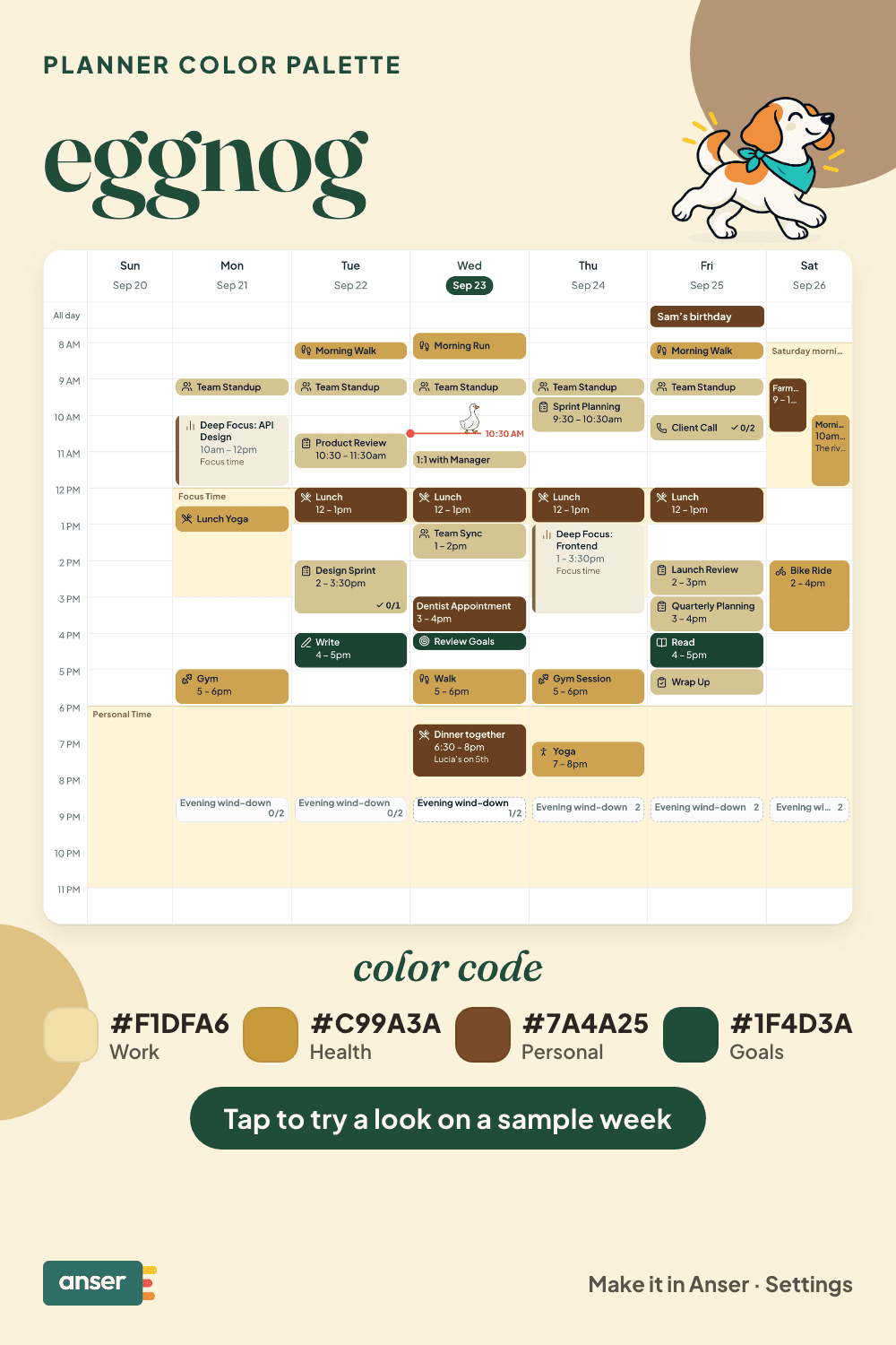 A week in Anser in the eggnog palette, with its hex codes