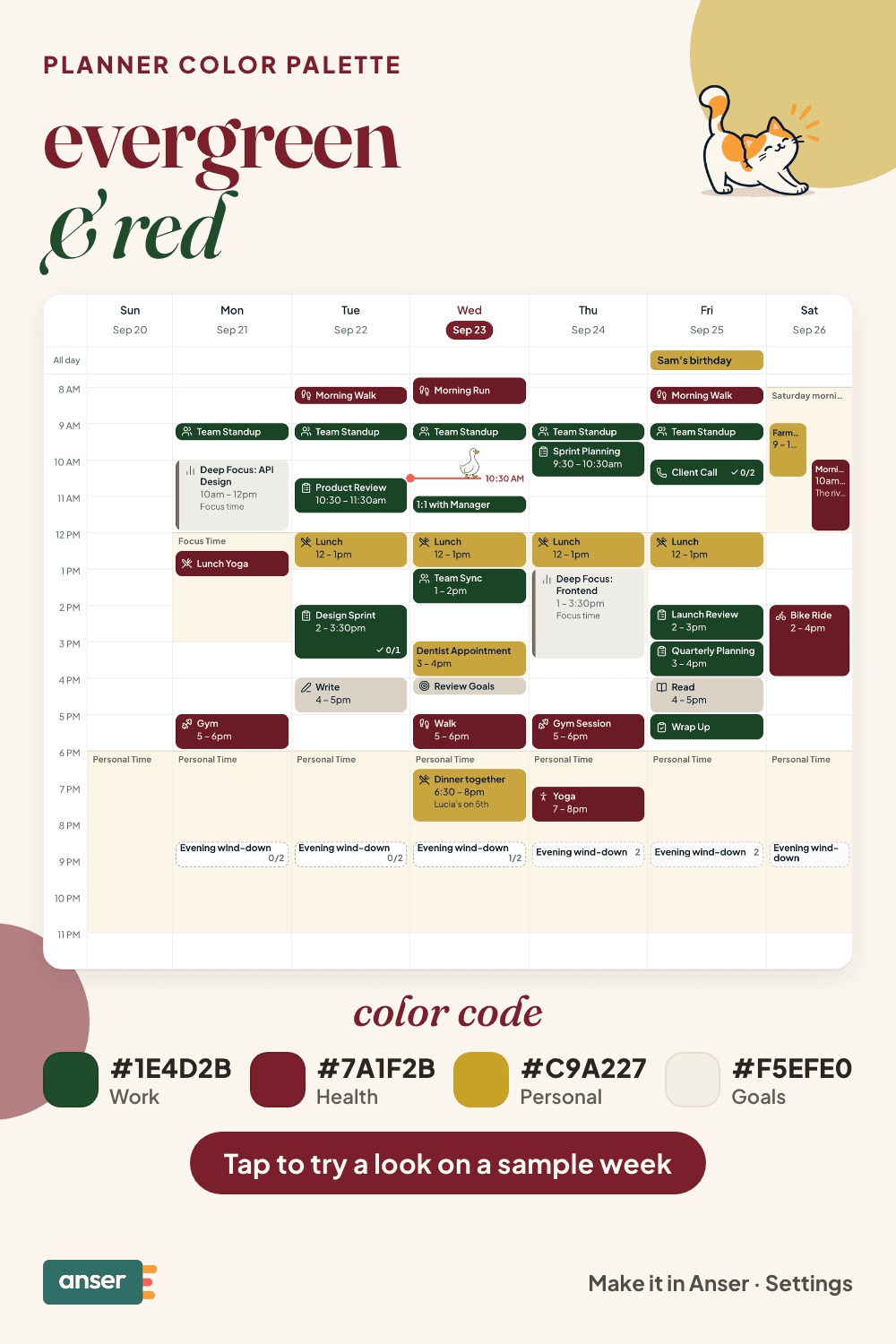 A week in Anser in the evergreen & red palette, with its hex codes