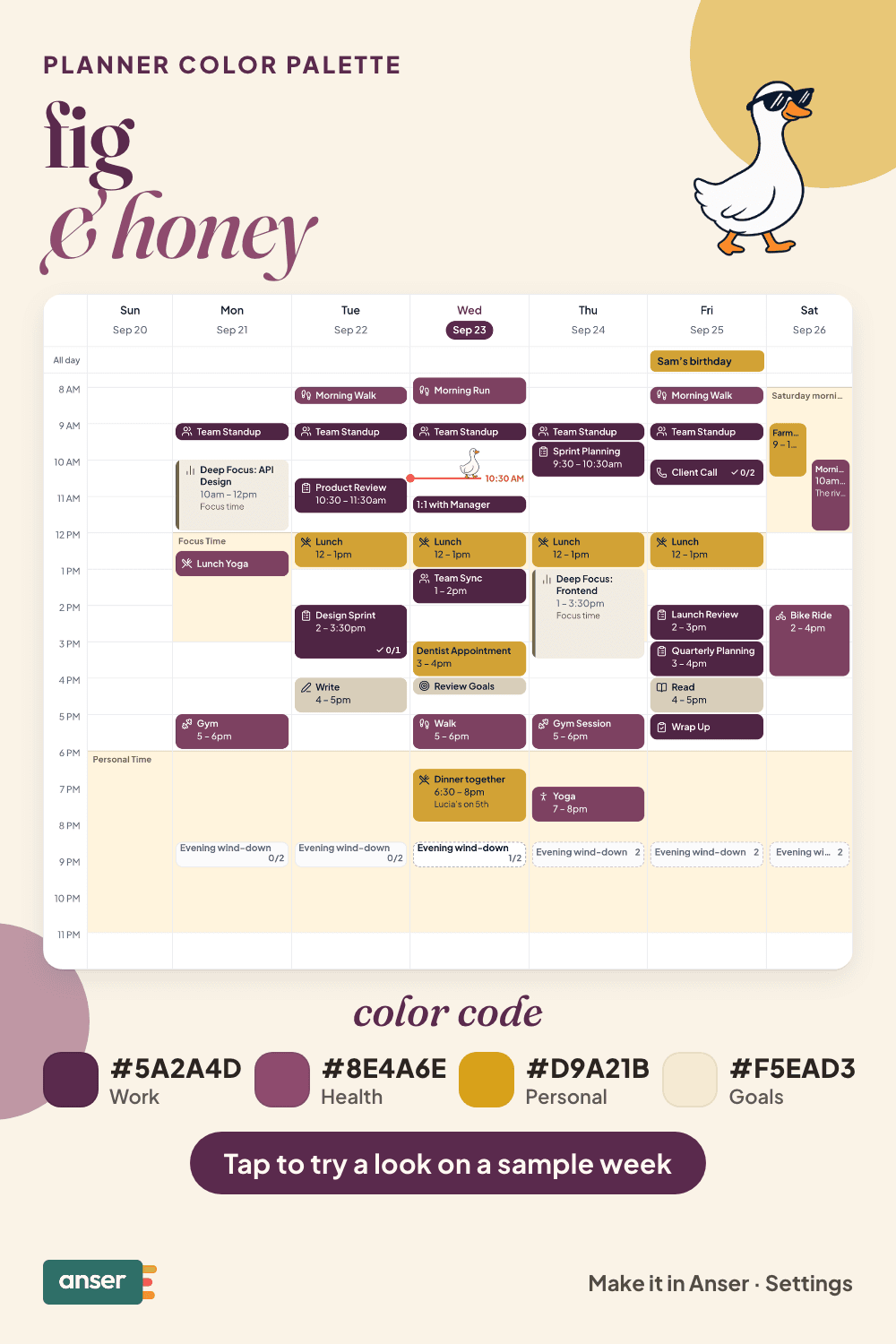 A week in Anser in the fig & honey palette, with its hex codes