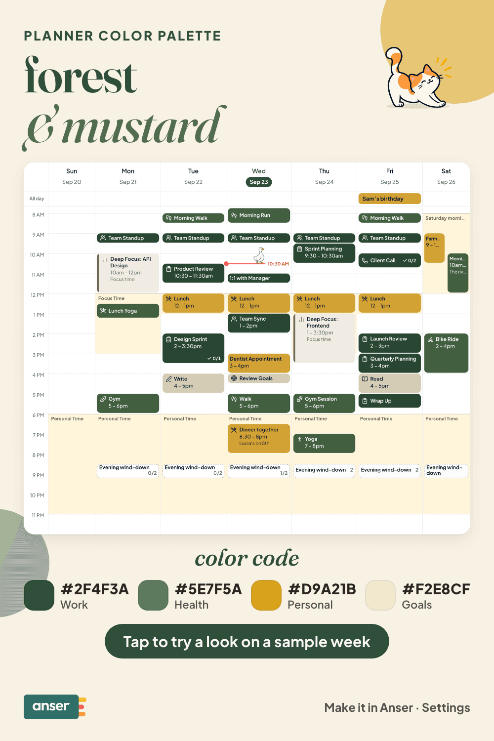 A week in Anser in the forest & mustard palette, with its hex codes