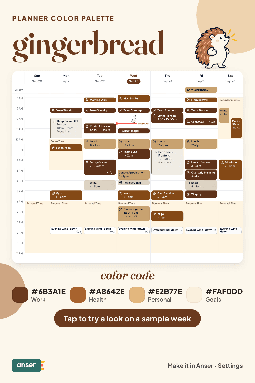 A week in Anser in the gingerbread palette, with its hex codes