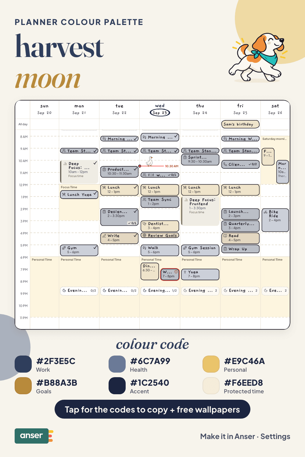 A week in Anser in the harvest moon palette, in the Hand-drawn style, with its six hex codes