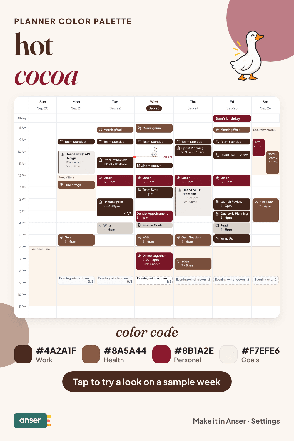 A week in Anser in the hot cocoa palette, with its hex codes