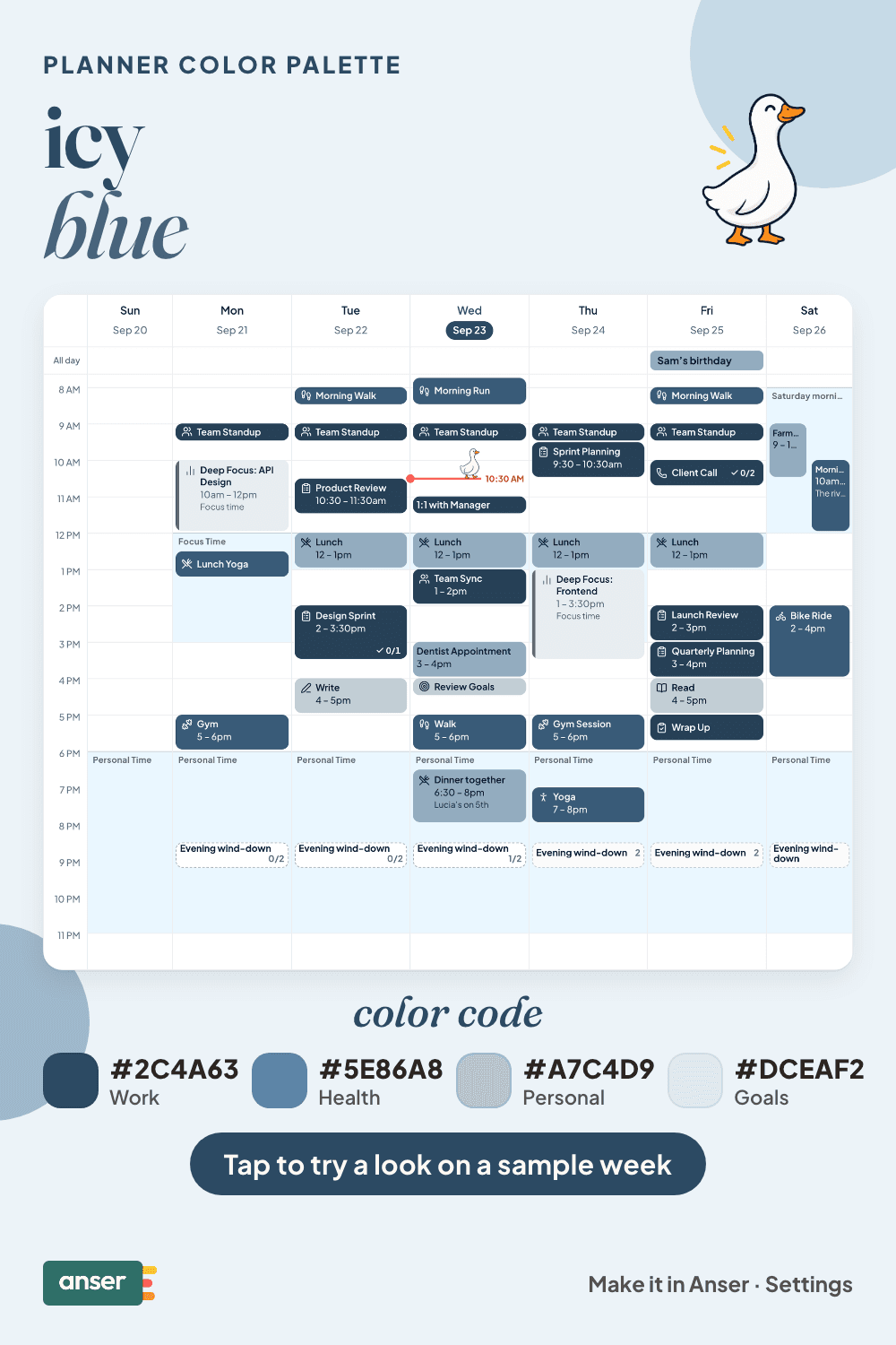 A week in Anser in the icy blue palette, with its hex codes