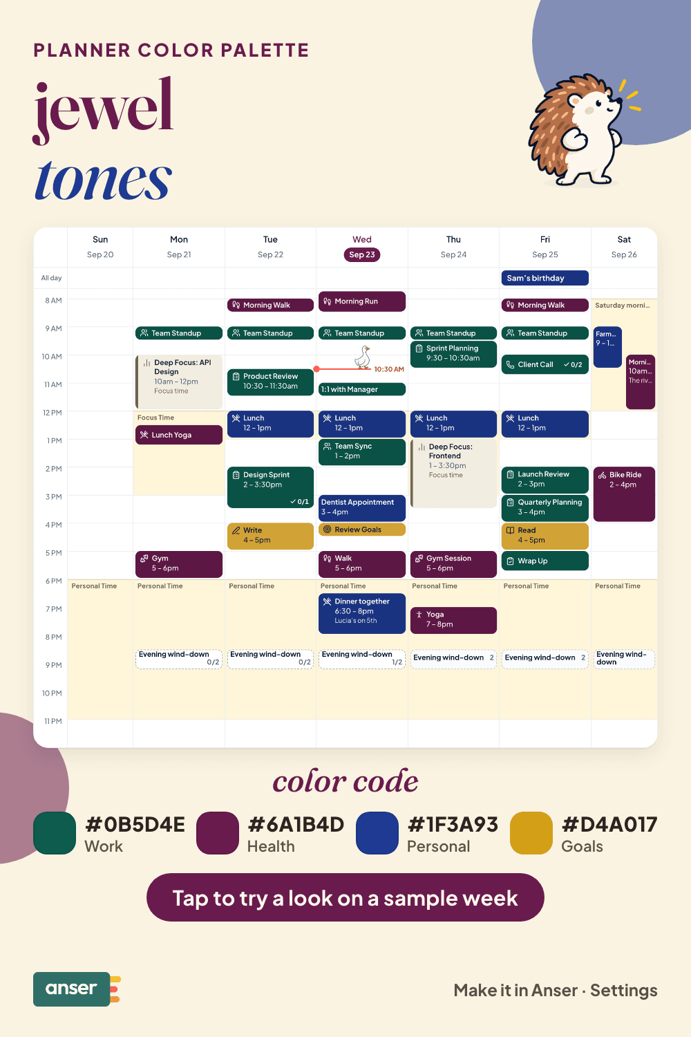 A week in Anser in the jewel tones palette, with its hex codes