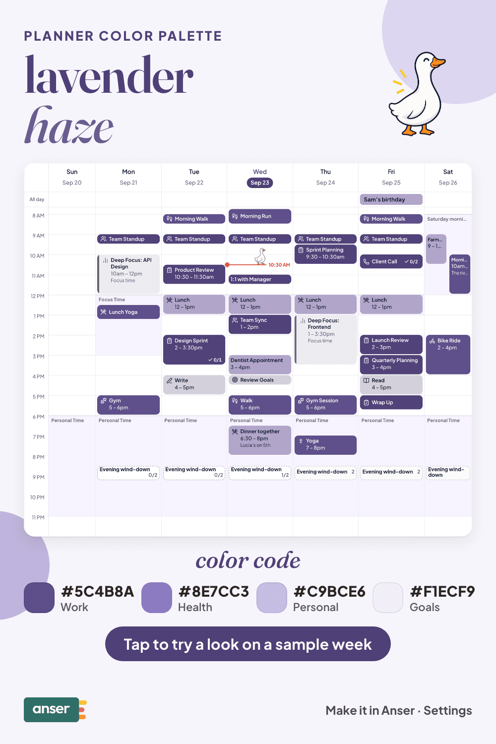 A week in Anser in the lavender haze palette, with its hex codes