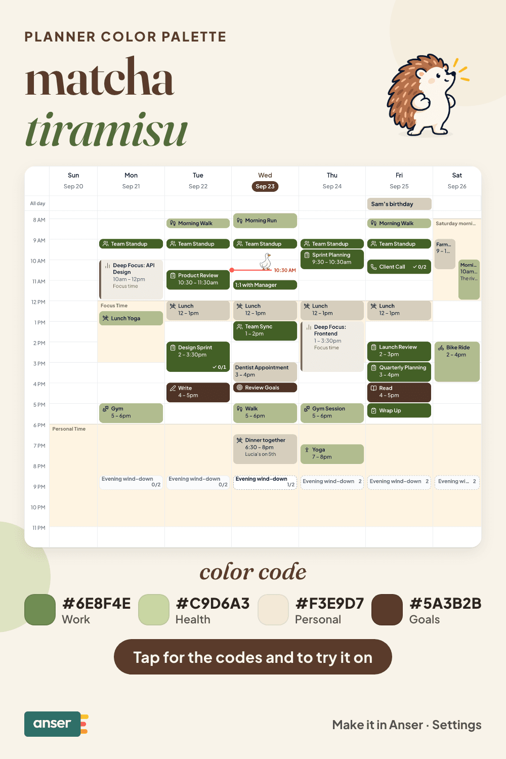 A week in Anser in the matcha tiramisu palette, with its hex codes