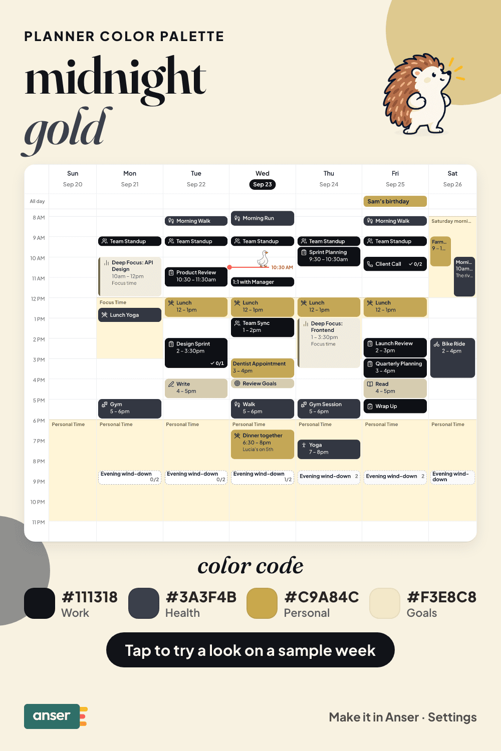 A week in Anser in the midnight gold palette, with its hex codes