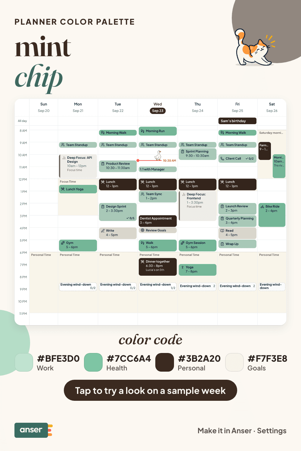 A week in Anser in the mint chip palette, with its hex codes