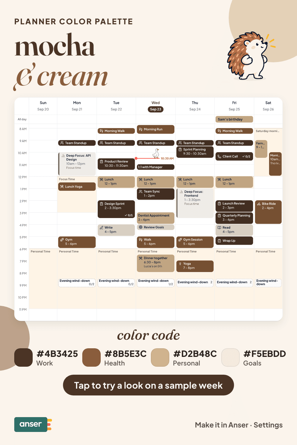 A week in Anser in the mocha & cream palette, with its hex codes