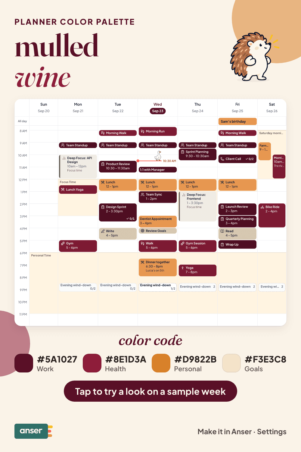 A week in Anser in the mulled wine palette, with its hex codes