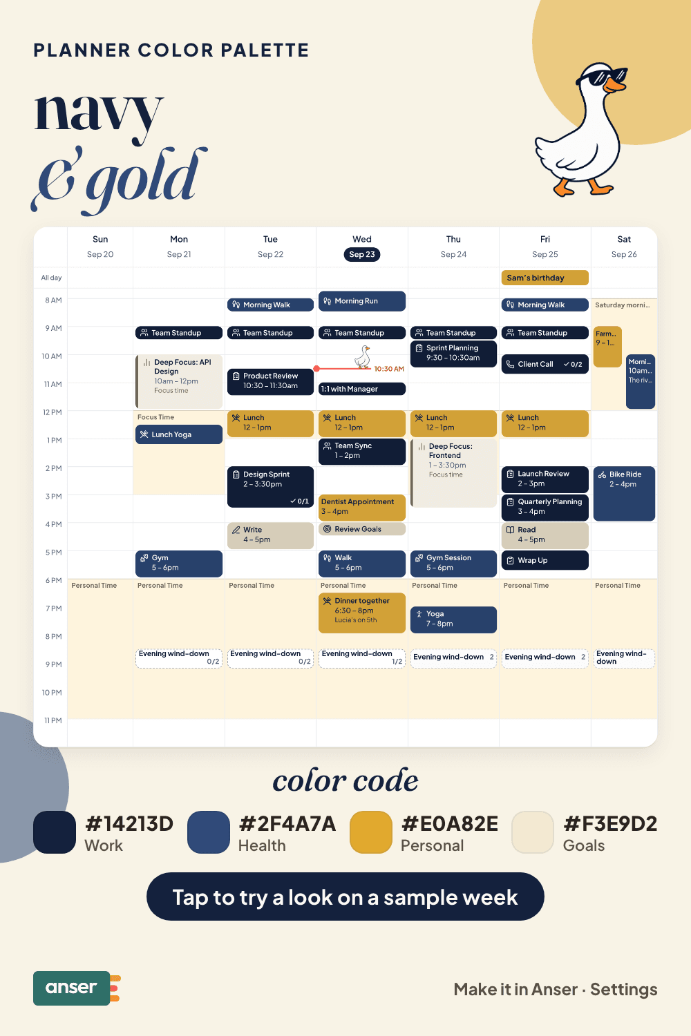A week in Anser in the navy & gold palette, with its hex codes