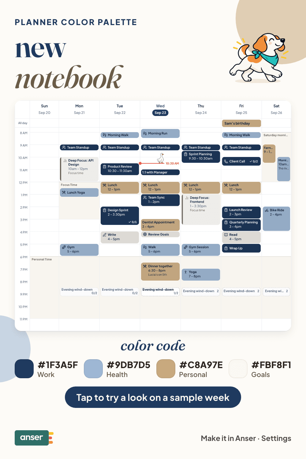 A week in Anser in the new notebook palette, with its hex codes