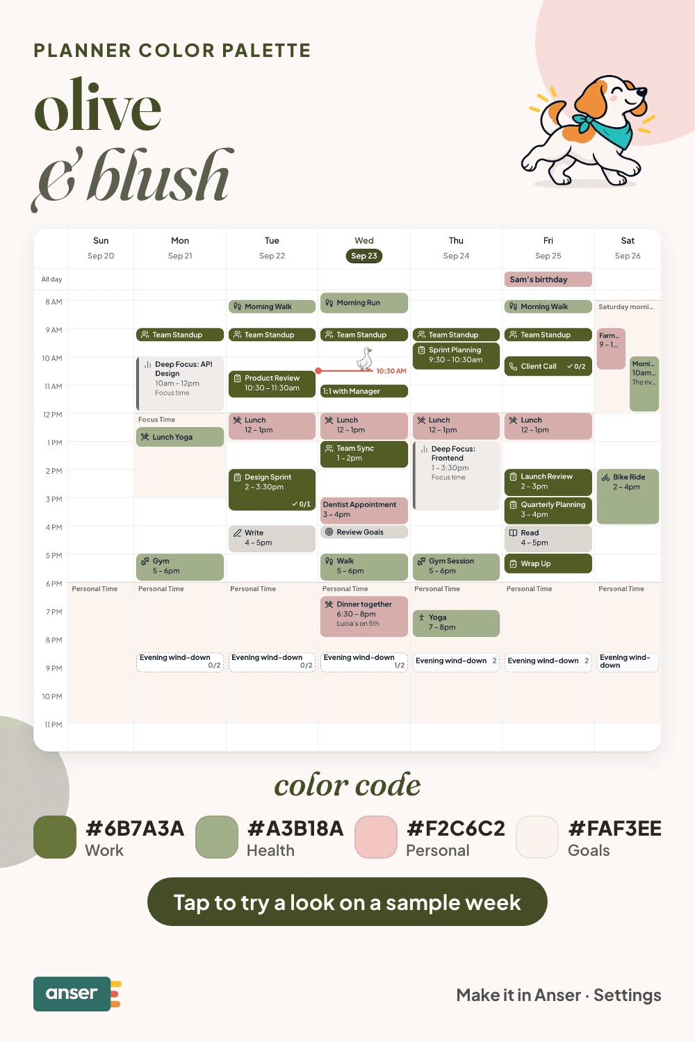 A week in Anser in the olive & blush palette, with its hex codes