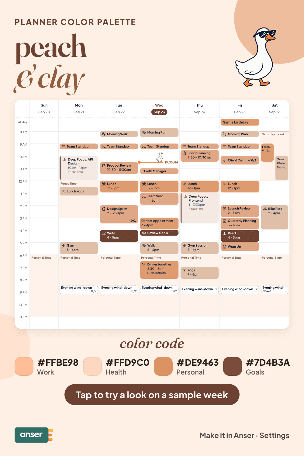 A week in Anser in the peach & clay palette, with its hex codes
