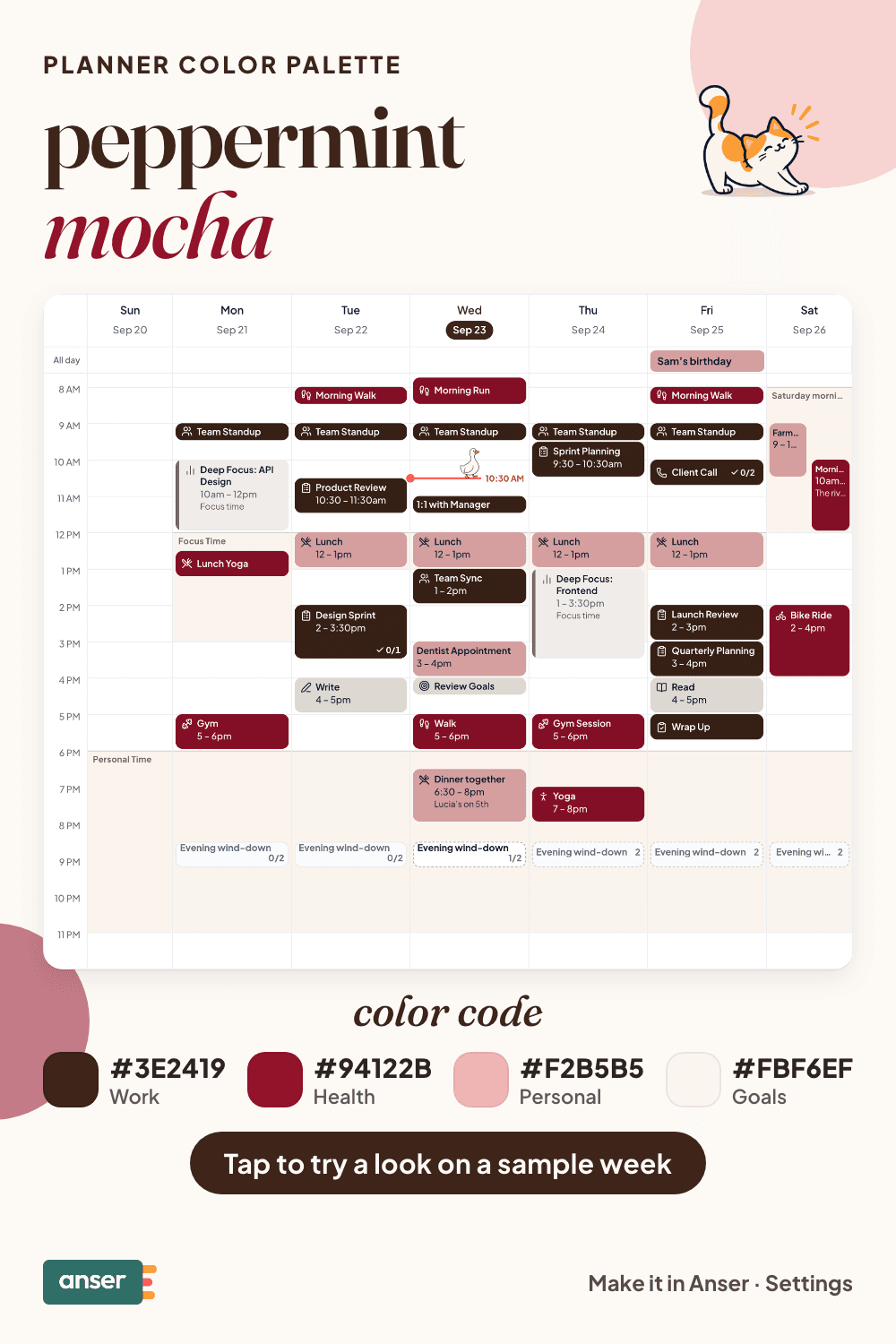 A week in Anser in the peppermint mocha palette, with its hex codes