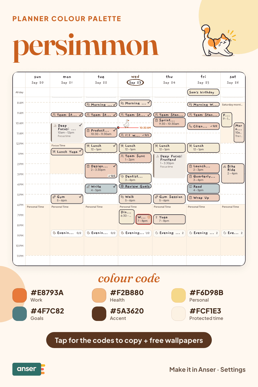 A week in Anser in the persimmon palette, in the Hand-drawn style, with its six hex codes