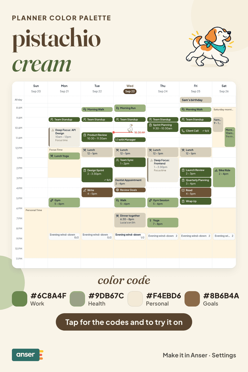 A week in Anser in the pistachio cream palette, with its hex codes