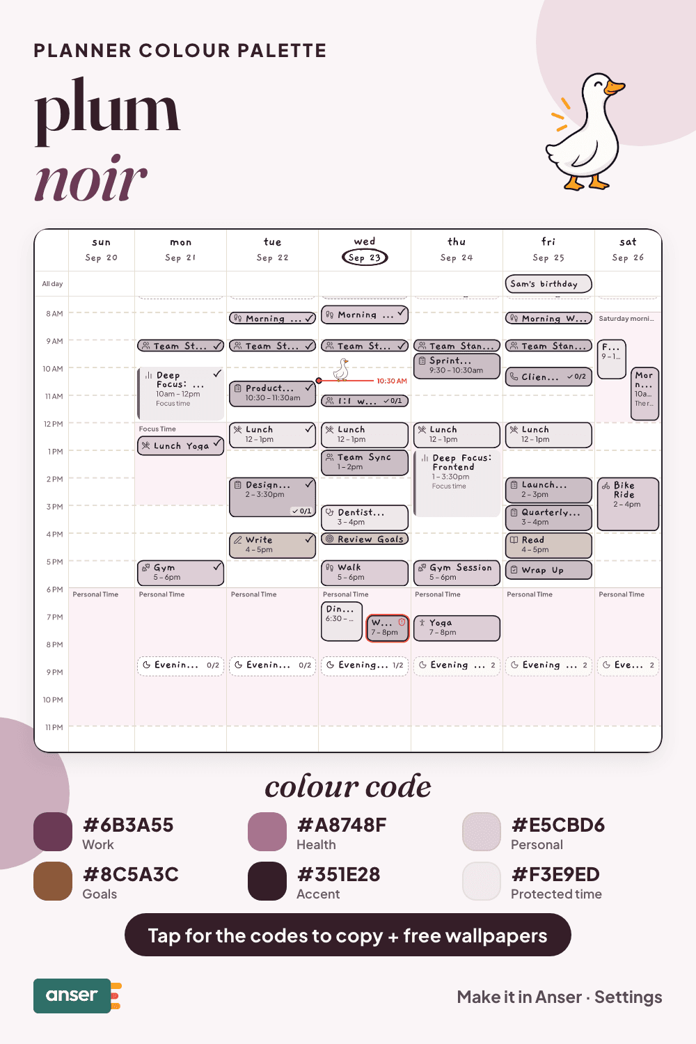 A week in Anser in the plum noir palette, in the Hand-drawn style, with its six hex codes