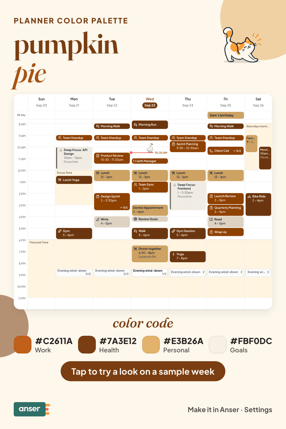 A week in Anser in the pumpkin pie palette, with its hex codes