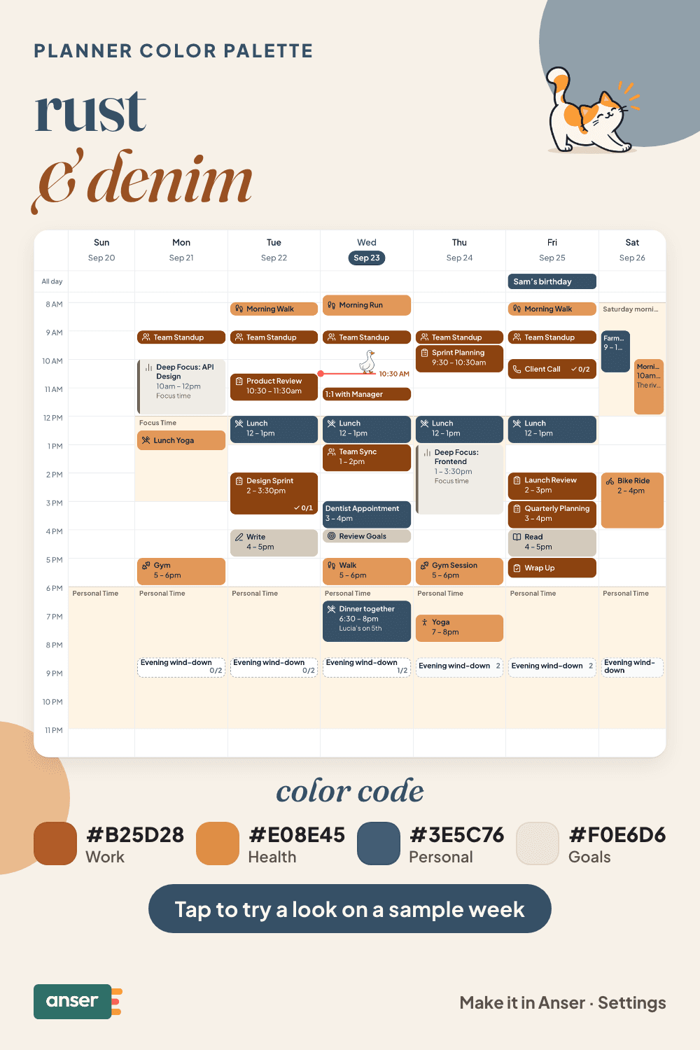 A week in Anser in the rust & denim palette, with its hex codes