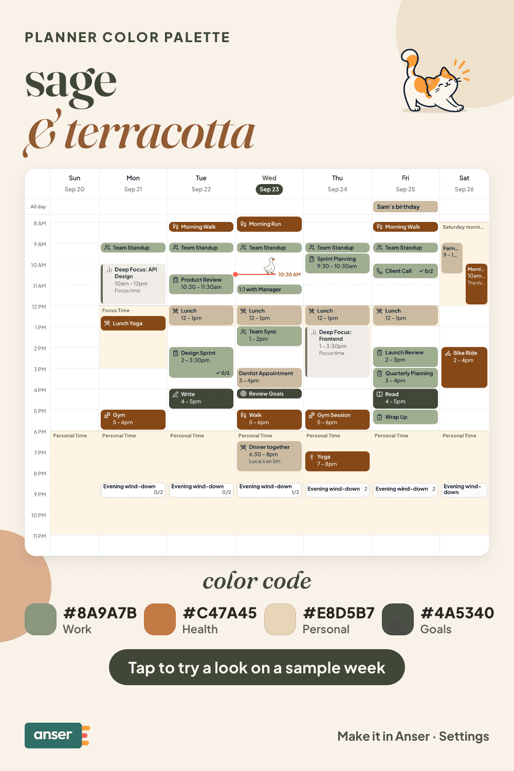A week in Anser in the sage & terracotta palette, with its hex codes