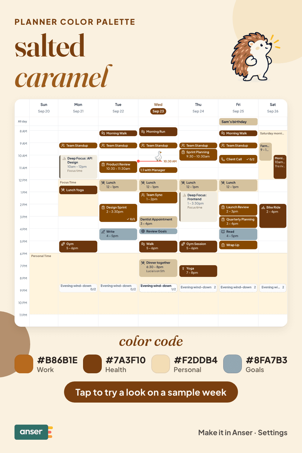 A week in Anser in the salted caramel palette, with its hex codes