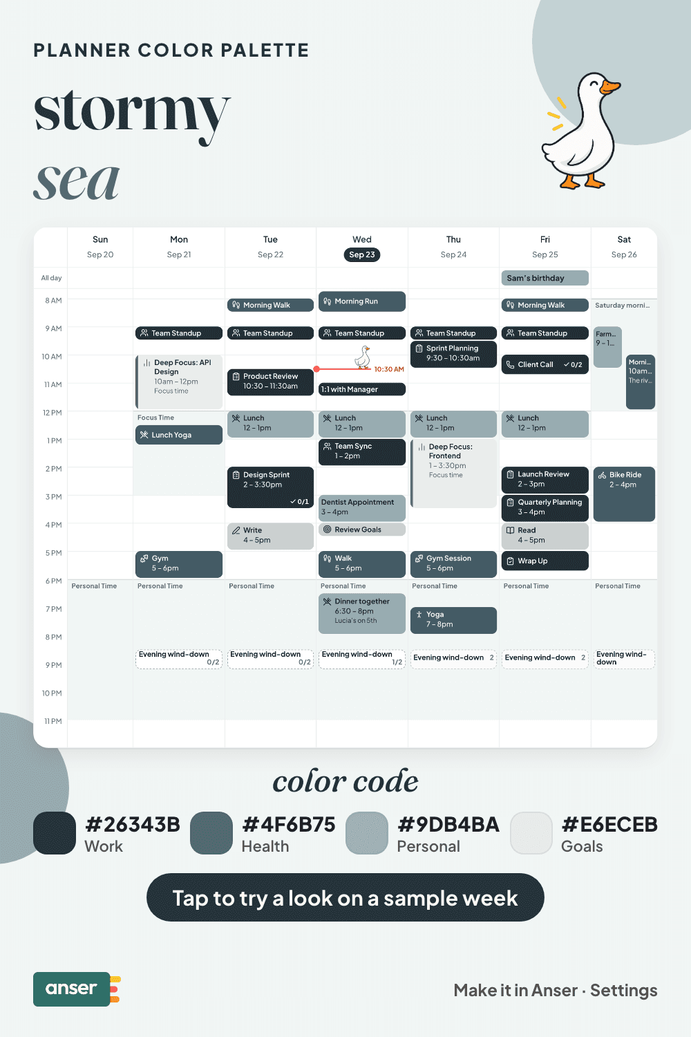 A week in Anser in the stormy sea palette, with its hex codes