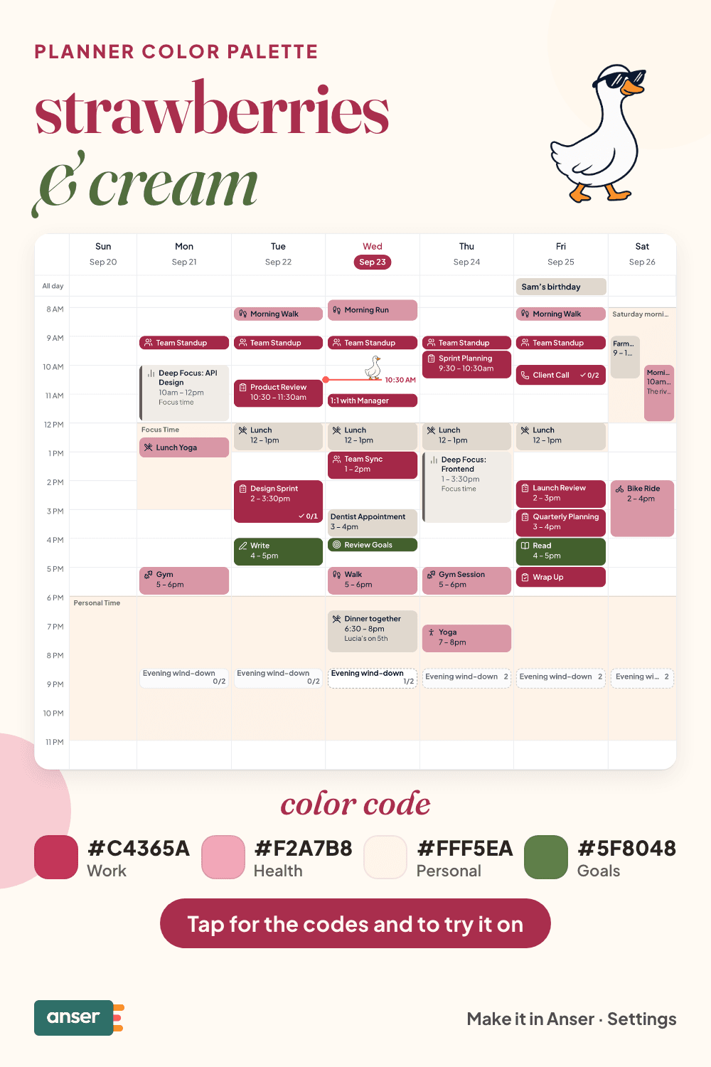 A week in Anser in the strawberries & cream palette, with its hex codes
