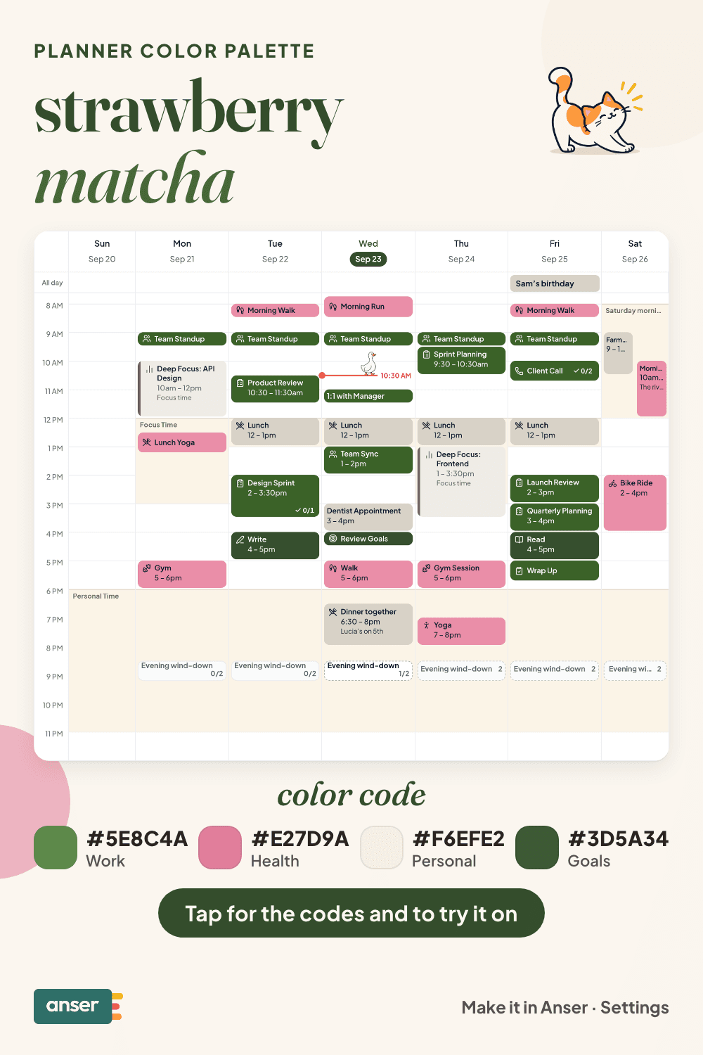 A week in Anser in the strawberry matcha palette, with its hex codes