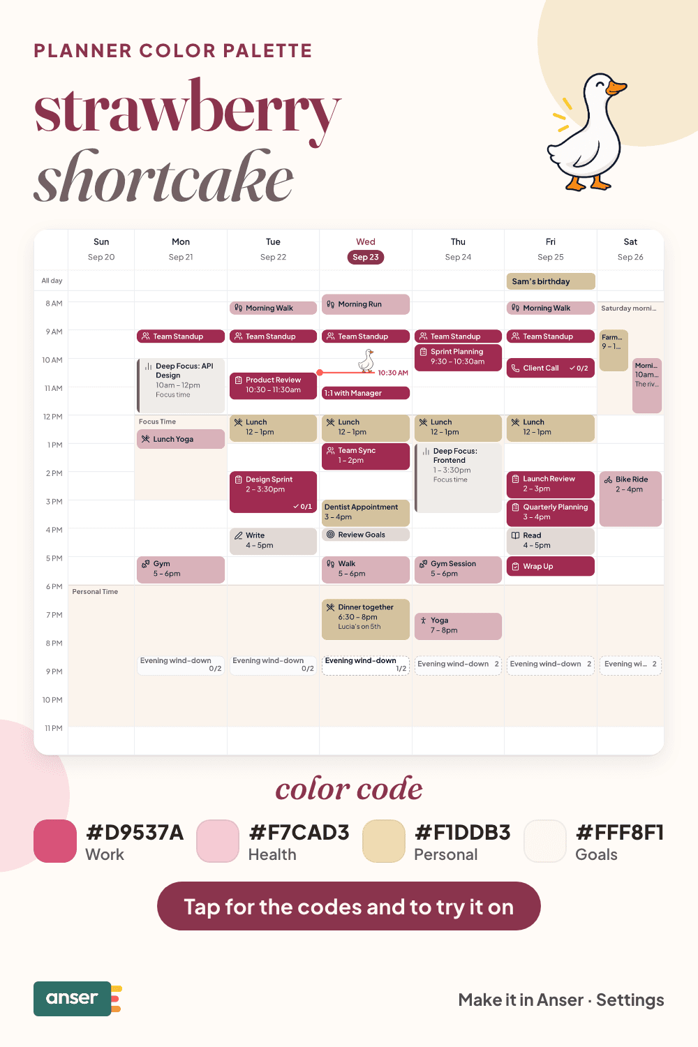 A week in Anser in the strawberry shortcake palette, with its hex codes