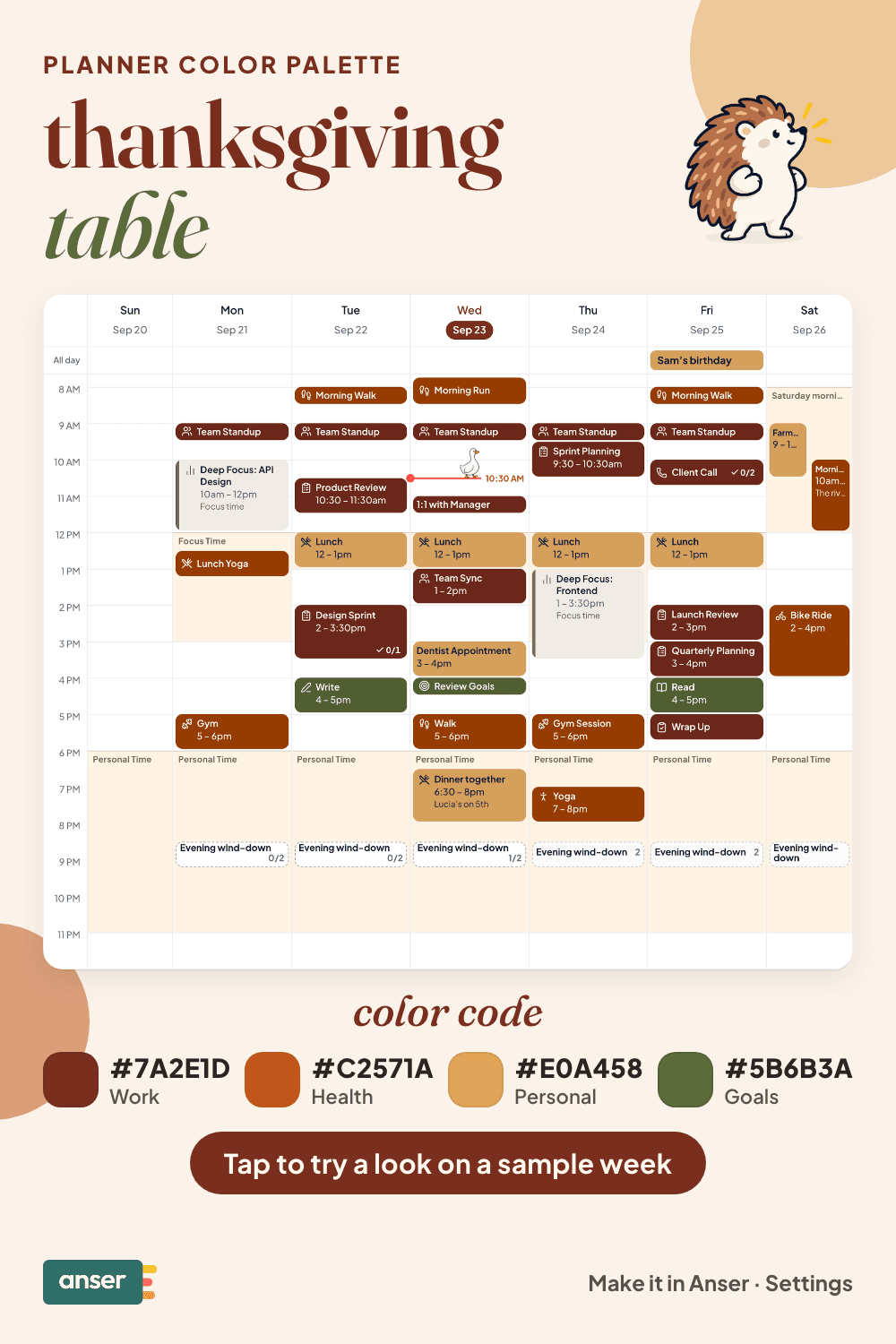 A week in Anser in the Thanksgiving table palette, with its hex codes