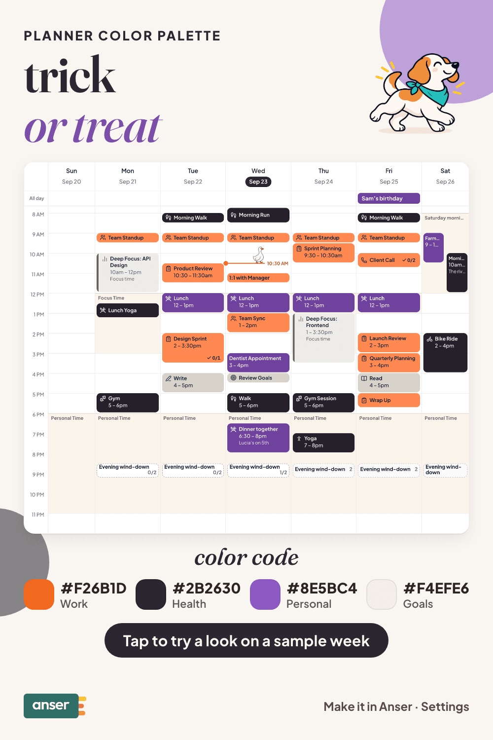 A week in Anser in the trick or treat palette, with its hex codes