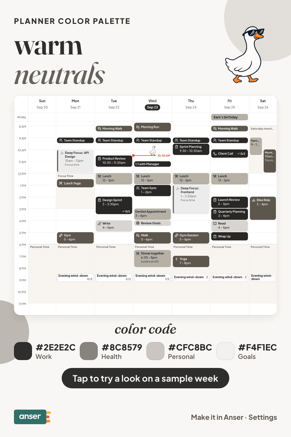 A week in Anser in the warm neutrals palette, with its hex codes
