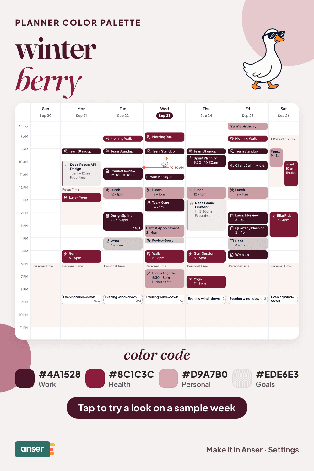 A week in Anser in the winter berry palette, with its hex codes