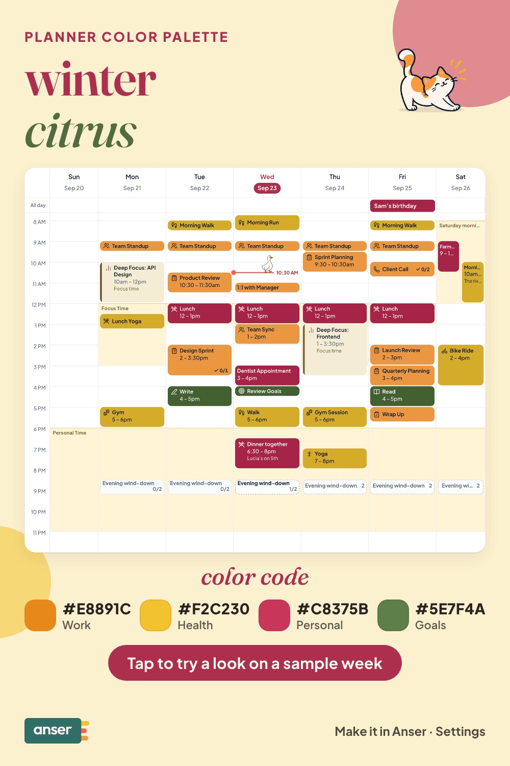 A week in Anser in the winter citrus palette, with its hex codes