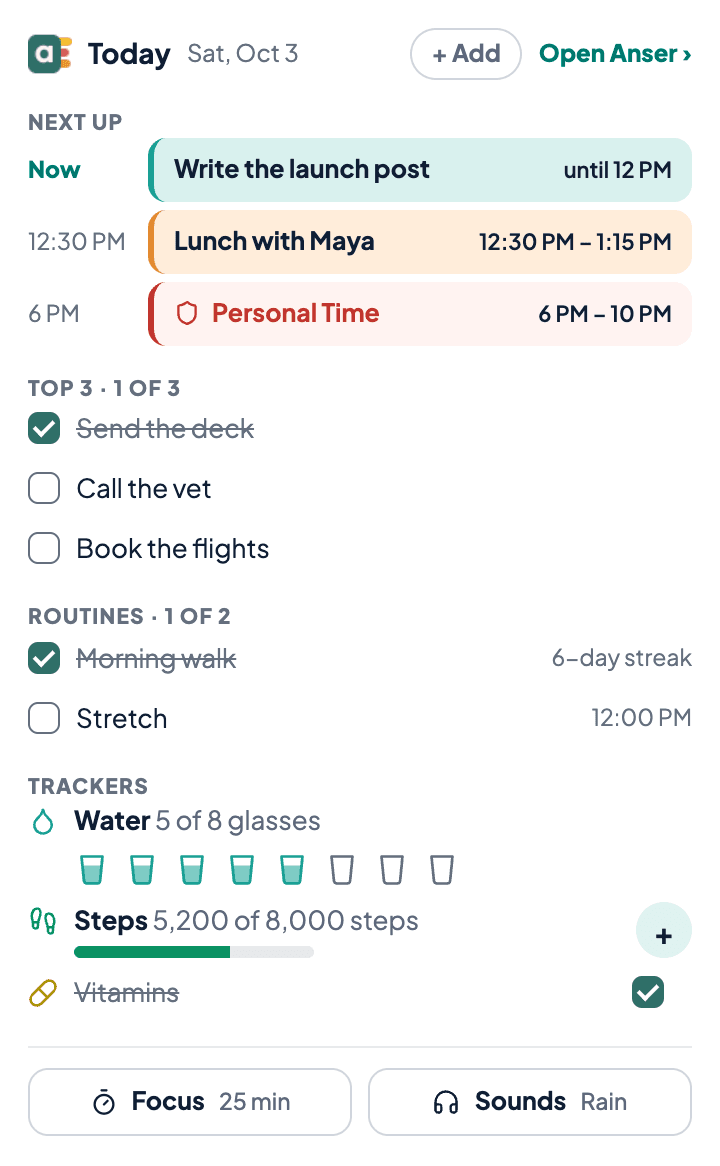 The Anser for Chrome popup: Next up with three events, Top 3 with one ticked, routines with a streak, trackers for water, steps and vitamins, and Focus and Sounds buttons at the foot