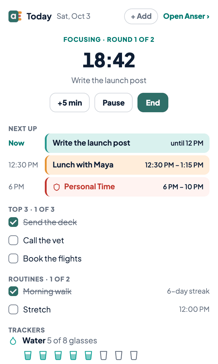 The popup during a focus session: 18:42 left in round 1 of 2, with +5 min, Pause and End